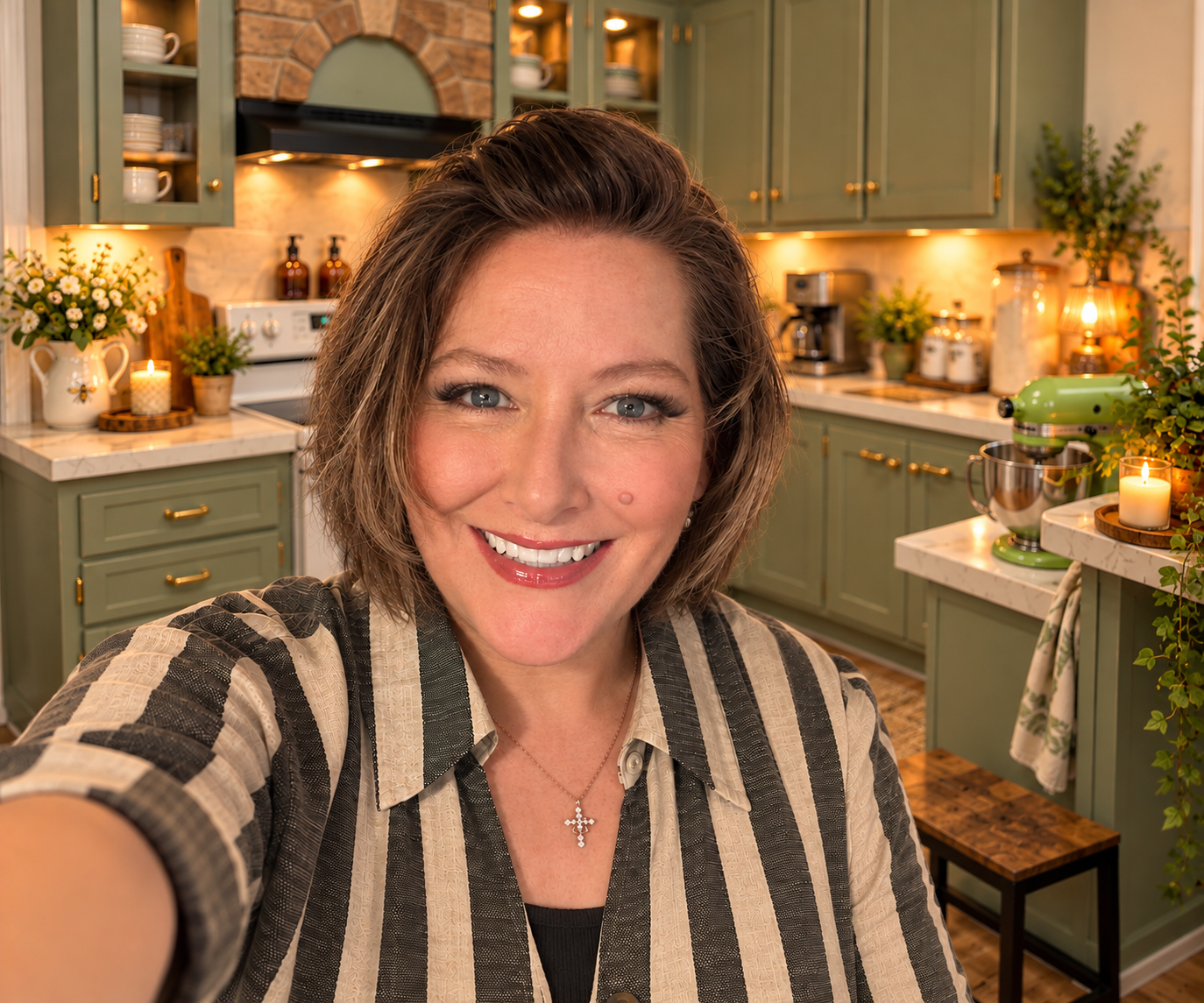 Bee Blessed Homestead homesteader smiling in her warmly styled sage-green farmhouse kitchen